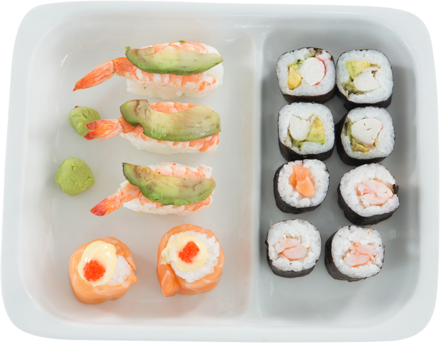 High Angle View of Transparent Plate with Assorted Sushi Pieces - Download Free Stock Videos Pikwizard.com