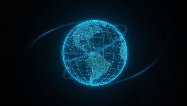 Rotating Holographic Globe Mapping Americas with Neon Data Grid and Orbital Trails