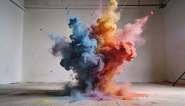 Explosive Multicolored Powder Plume Rising in Studio Abstract Cloud Burst Dynamic Art