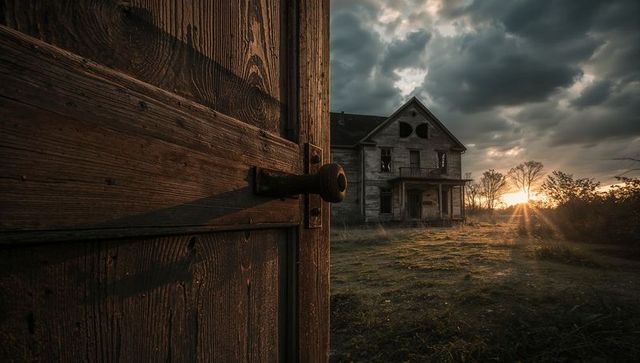 Abandoned Farmhouse at Sunset Viewed Through Open Doorway