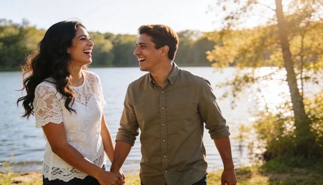 Sunlit couple holding hands laughing by lake during golden hour romantic outdoor portrait