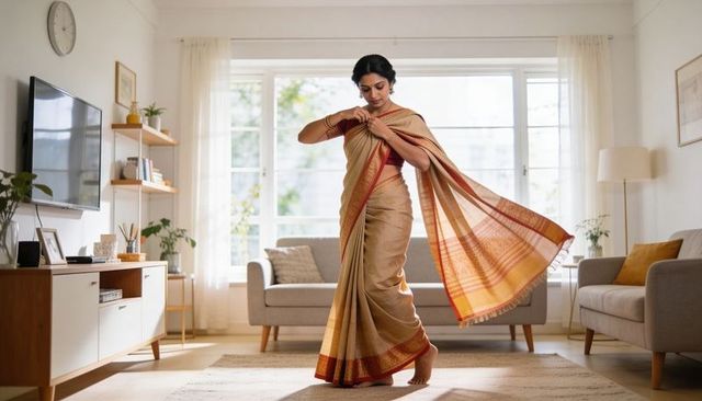 South asian woman adjusting beige red saree in sunlit minimalist living room