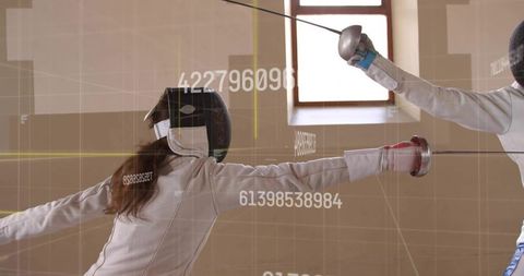 Female fencers in intense fencing duel with digital graphics overlay