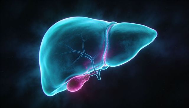 Translucent human liver with highlighted gallbladder and bile ducts 3d medical illustration