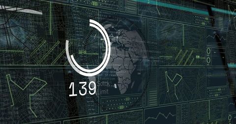 Futuristic Digital Interface with Globe and Analytics Data Visualization