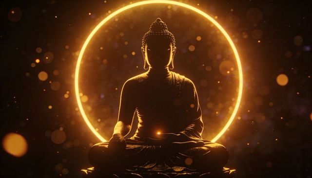 Golden halo Buddha statue meditating with glowing orb, rimlit silhouette and sacred aura