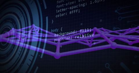 Digital interface with 3d purple wireframe displaying code