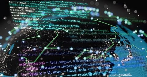 Global digital network visualizing code overlay on 3D globe with neon nodes and data lines