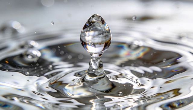 Crystal water droplet forming column and concentric ripples with metallic refraction macro