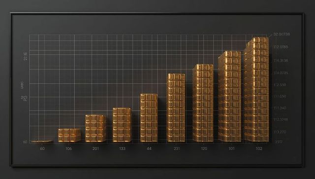 Framed financial bar chart featuring stacked gold cube bars on dark grid background
