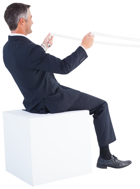 Businessman Holding Rope Sitting on Transparent Cube for Conceptual Business Challenge - Download Free Stock Videos Pikwizard.com