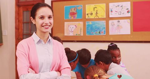 Diverse Classroom Scene with Smiling Teacher
