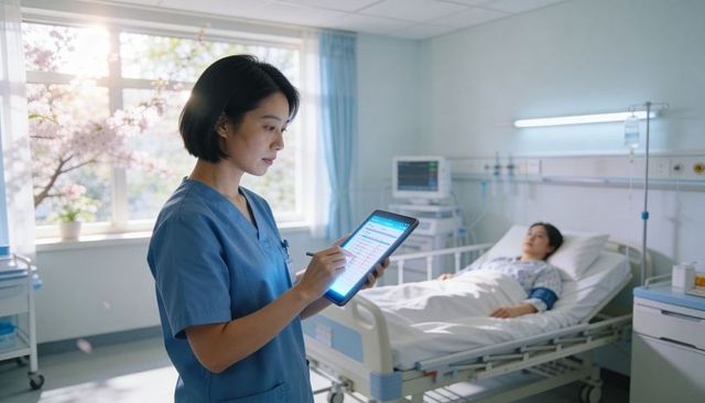 Nurse reviewing electronic health record on tablet at hospital bedside in sunlight