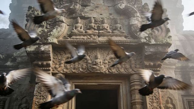 Pigeons flying past ancient carved temple lintel with buddha reliefs and ornate stone frieze