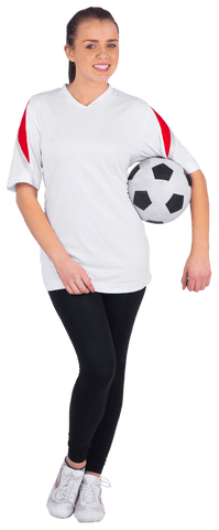 Confident Female Soccer Fan Holding Ball on Transparent Background