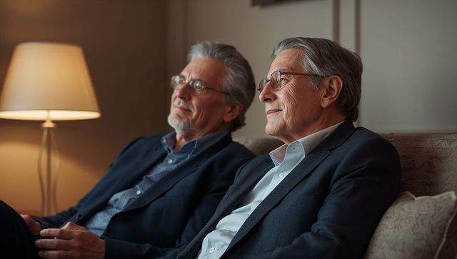 Two mature men relaxing on sofa, sharing quiet companionship and thoughtful conversation