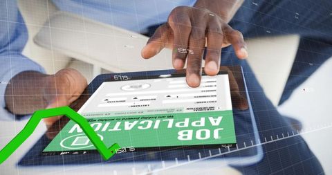 Filling job application on tablet with touch input, data overlays and business analytics