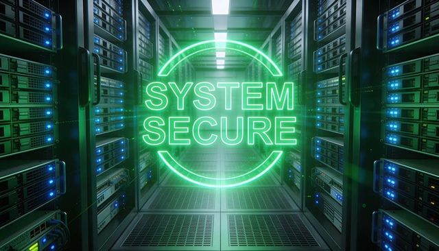 Neon system secure hologram illuminating server rack aisle in high-tech datacenter control