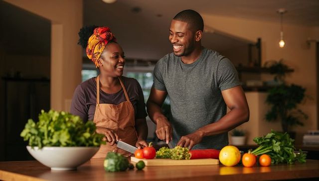 Smiling couple chopping fresh vegetables on kitchen island preparing healthy homemade meal