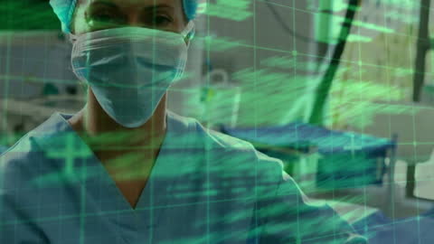 Female Surgeon Analyzing Data with Digital Interface Overlay in Hospital