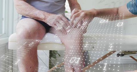 Caregiver examining senior foot on exam bench with digital diagnostic mesh overlay
