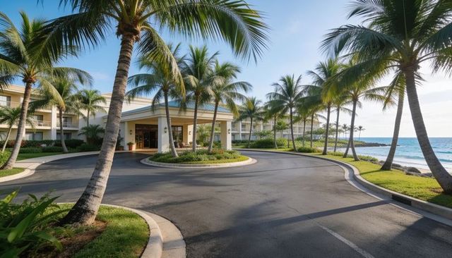 Oceanfront resort featuring palm-lined circular driveway and porte-cochere seaside entrance