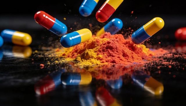 Falling Blue-Yellow Capsules Creating Vibrant Orange Powder Burst on Reflective Black Surface