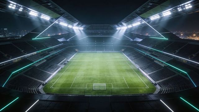 Illuminating modern football stadium at night with floodlights and cyan led accents