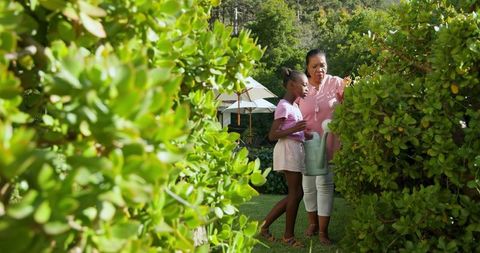 Grandmother Pruning Hedge with Granddaughter in Sunny Garden