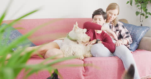 Happy Lesbian Couple Relaxing on Couch with Dog at Home