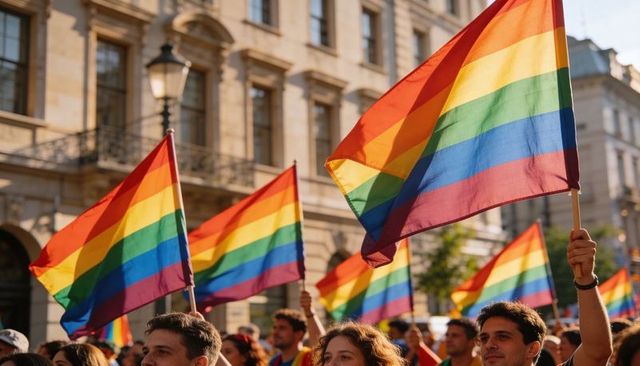 Rainbow pride parade crowd marching and waving flags through sunny historic city street