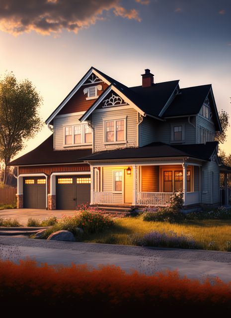 Large suburban house with lit windows and plants next to road created using generative ai technology - Download Free Stock Photos Pikwizard.com