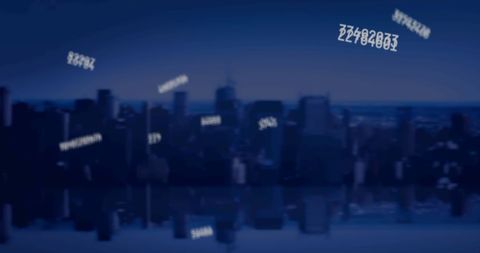 Futuristic city skyline with floating digital data numbers
