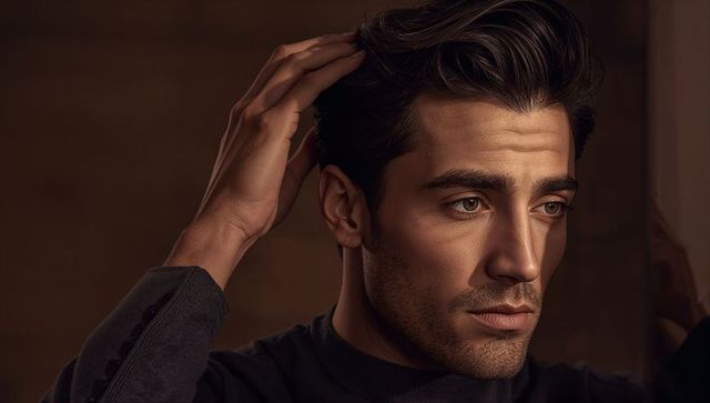 Intense male portrait running hand through hair fashion headshot with dramatic lighting