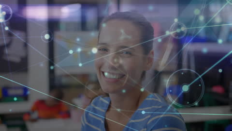 Smiling Teacher in Classroom with Digital Network Overlay