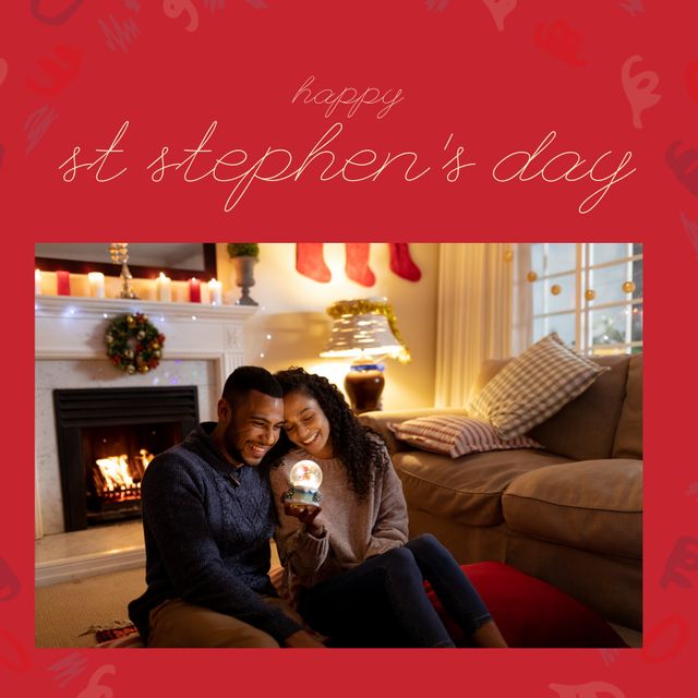 Biracial Couple Celebrating St. Stephen's Day by Fireplace - Download Free Stock Templates Pikwizard.com