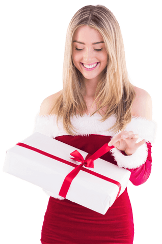 Young Woman in Santa Outfit with Transparent Gift Box Showing Excitement