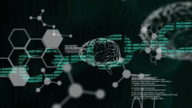 The image portrays an abstract digital representation of data processing with a combination of binary codes, neural networks, and molecular structures. This is suited for use in technical blogs, articles, and presentations about AI and technology development, or in marketing materials for tech companies emphasizing innovation in data analytics.