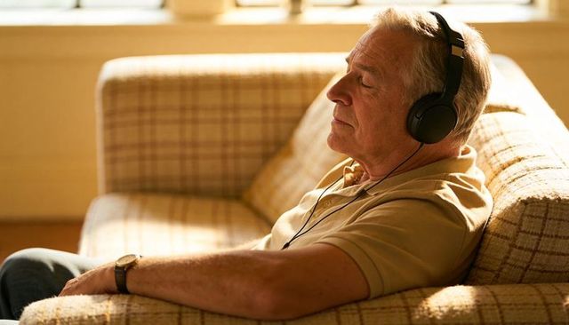 Senior man listening to music on headphones while relaxing on sunlit plaid sofa