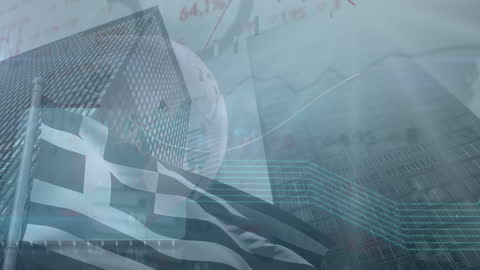 Greece Flag with Skyscrapers and Digital Overlays for Business Concept