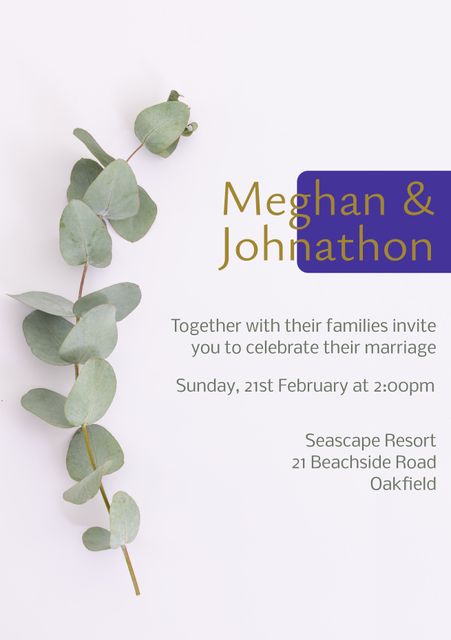 This wedding invitation features a minimalist and elegant botanical design with eucalyptus leaves. Perfect for couples seeking a natural and sophisticated aesthetic. Ideal for use in wedding planning, event announcements, and to inspire wedding stationery design.