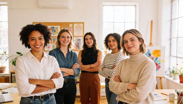 Diverse female creative team standing with arms crossed in bright collaborative studio