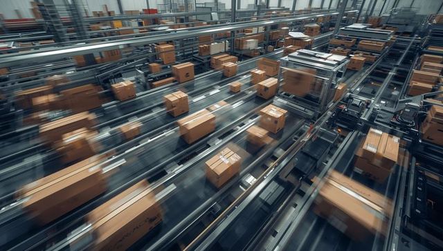 Automated high-speed conveyor sorting parcels for warehouse fulfillment