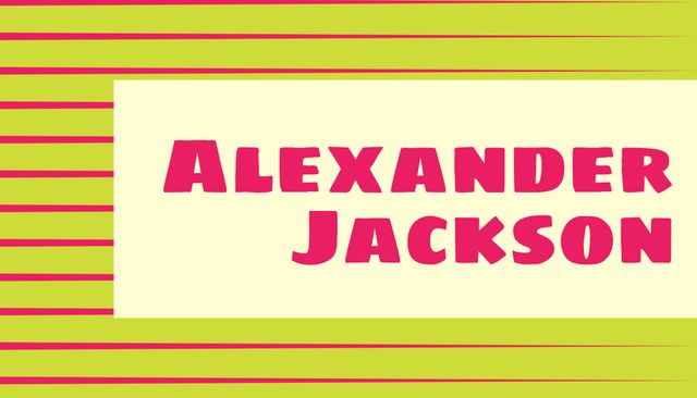 This bold and vibrant name banner features the name 'Alexander Jackson' in bright pink text set against a retro striped background in green and cream. Ideal for use in personal branding, social media profiles, and creative portfolios to showcase a confident and stylish personality.