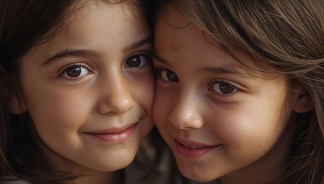 Pressing sisters smiling together in warm light closeup intimate sibling bond