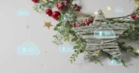 Displaying frosted wooden star ornament with winter greenery and cloud upload icons