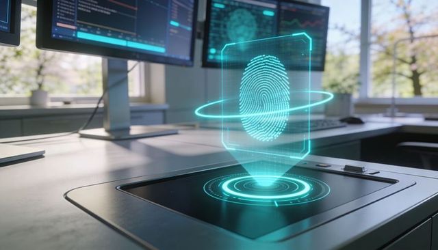 Holographic fingerprint projecting over recessed biometric scanner on office workstation