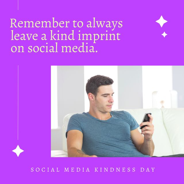 Composition of social media kindness day text over caucasian man using smartphone. Social media and kindness day concept digitally generated image.