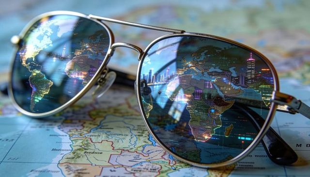 Reflecting aviator sunglasses revealing illuminated world map and metropolis night skyline