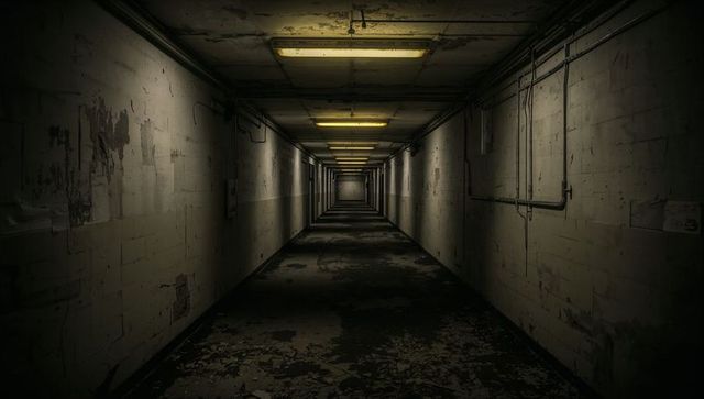 Eerie abandoned corridor with industrial decay